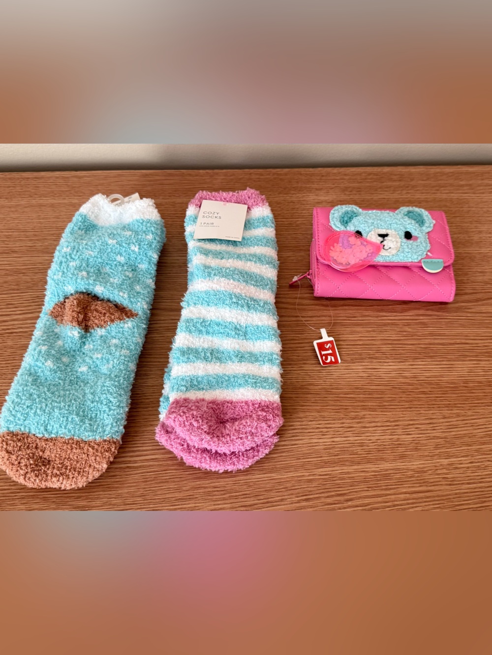 Cozy Blue & Pink Kids Fuzzy Socks and Pink Bear Wallet Set- new with tags